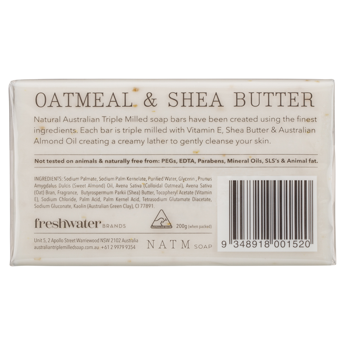 Oatmeal & Shea Butter Soap 200g Natural Australian Triple Milled Soap