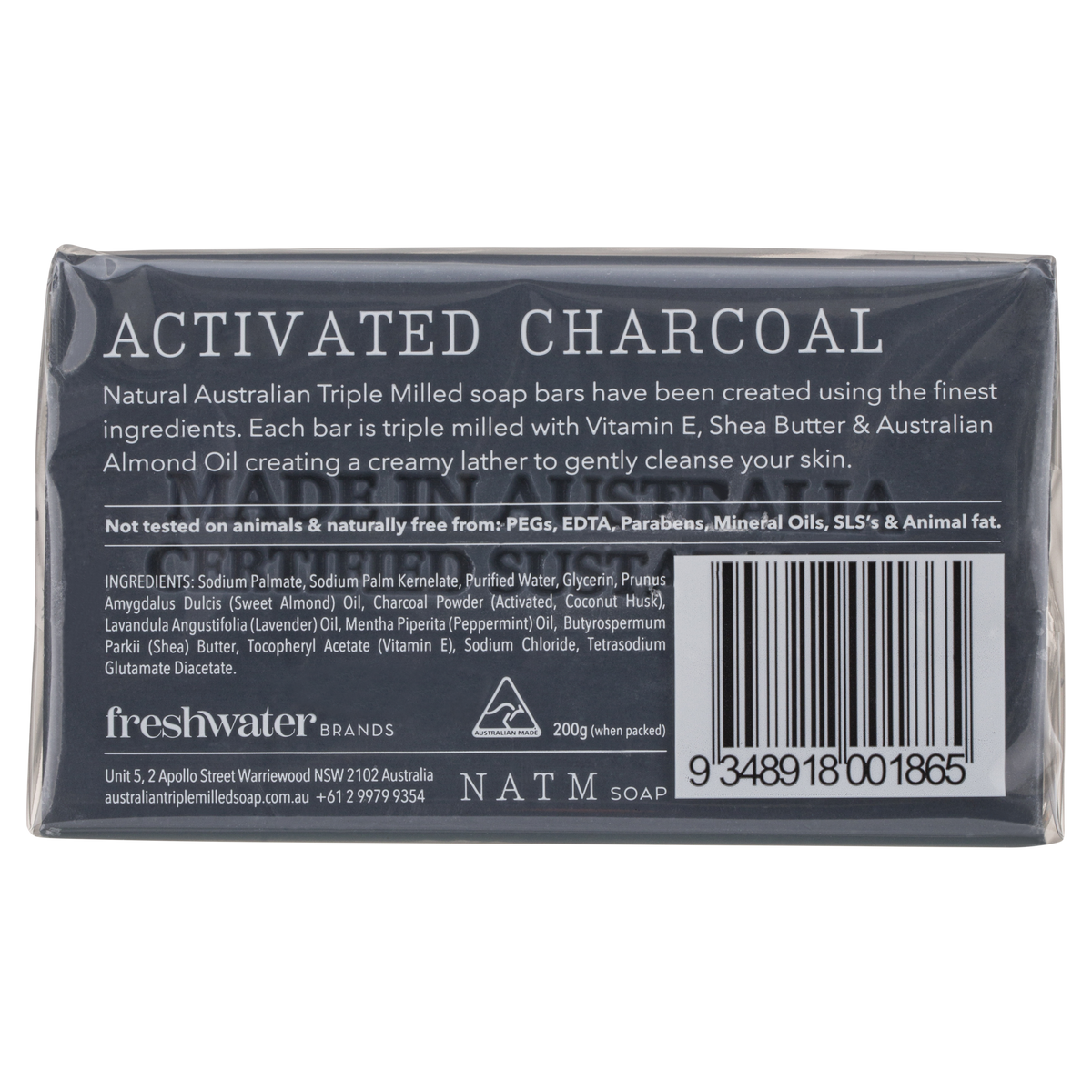 Activated Charcoal Soap 200g Natural Australian Triple Milled Soap